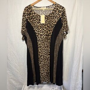 Michael Kors Leopard Print & Black Stretch Knit Swing Dress – Size 2X – NWT